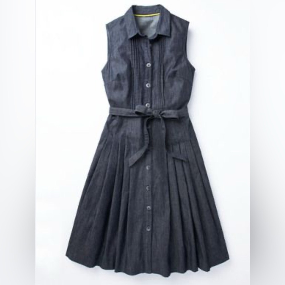 Boden denim dress Midi Pleated Button Down Dark Wash Belted sizes 14L NWOT - Picture 3 of 9